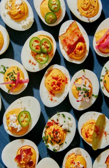 The platter that shows creamy yolk fillings piped in decorative swirls.